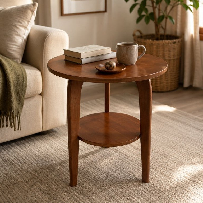 English Elm Solid Wood Two Tier Round End Table Mid Century Turned Legs Natural Grain Accent W5881P566678