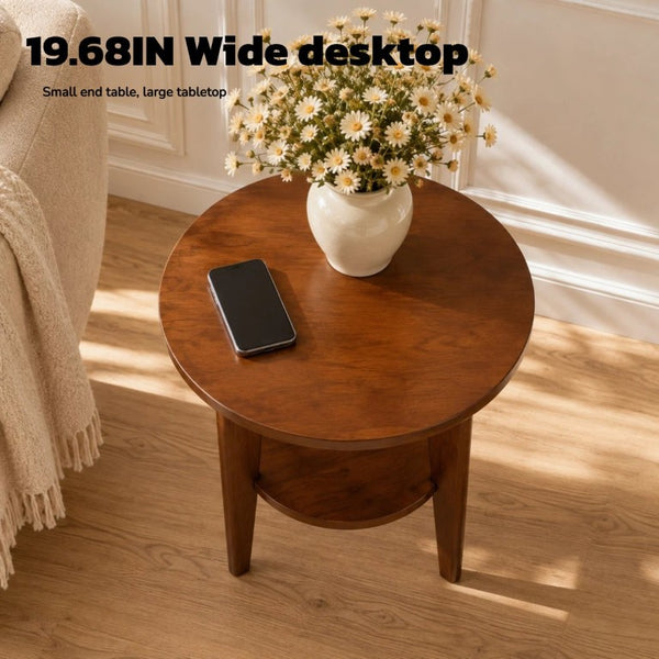English Elm Solid Wood Two Tier Round End Table Mid Century Turned Legs Natural Grain Accent W5881P566678