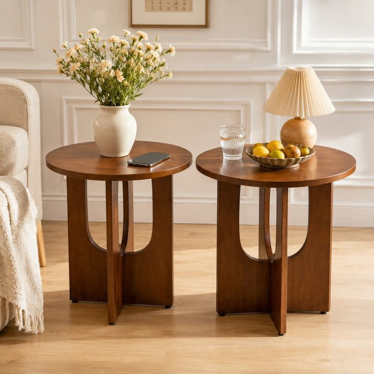 English Elm Solid Wood Round End Tables Set of Two Mid Century Modern Accent for Living Room Pack of 2 W5881P566695
