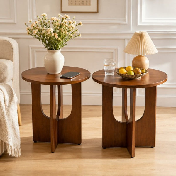 English Elm Solid Wood Round End Tables Set of Two Mid Century Modern Accent for Living Room Pack of 2 W5881P566695