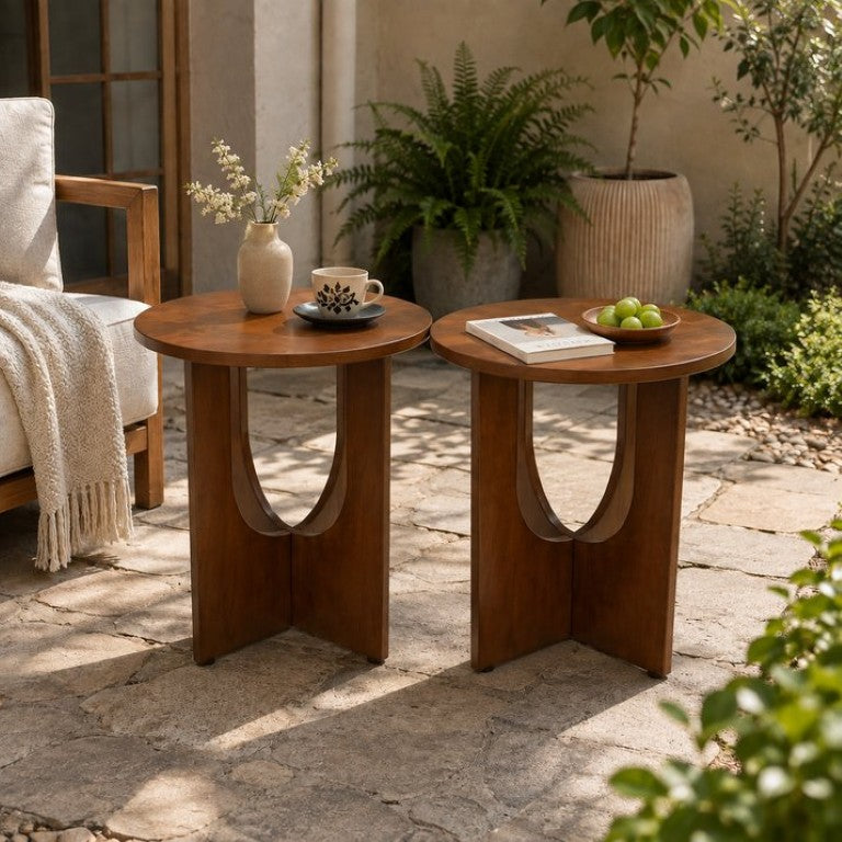 English Elm Solid Wood Round End Tables Set of Two Mid Century Modern Accent for Living Room Pack of 2 W5881P566695