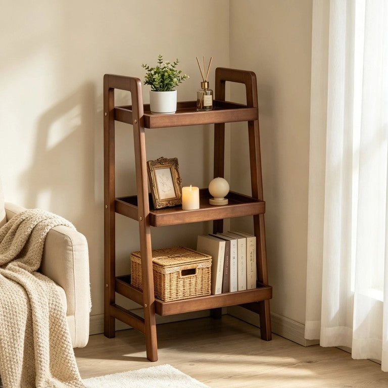 English Elm 100% Solid Rubberwood Three Tier Ladder Shelf Compact Bookcase for Small Spaces W5881P566730