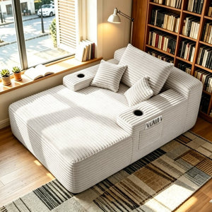 English Elm Convertible Corduroy Chaise Lounge Sleeper Chair with Cup Holder and Plush Armrest White W5885P517229