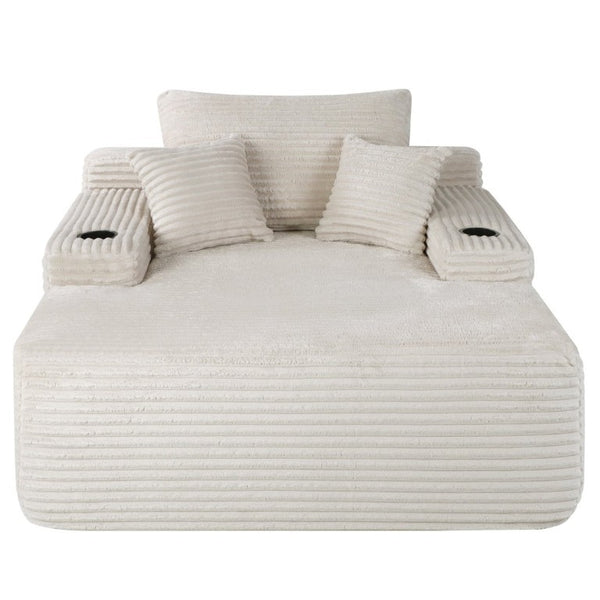English Elm Convertible Corduroy Chaise Lounge Sleeper Chair with Cup Holder and Plush Armrest White W5885P517229