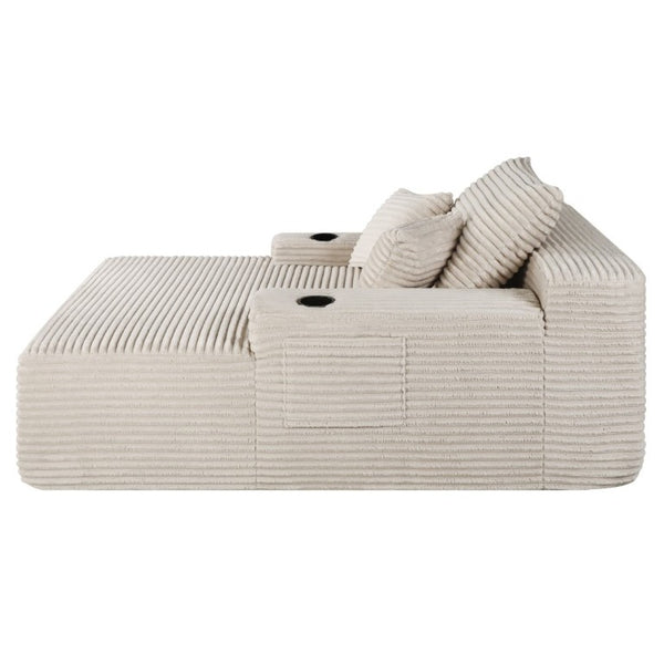 English Elm Convertible Corduroy Chaise Lounge Sleeper Chair with Cup Holder and Plush Armrest White W5885P517229