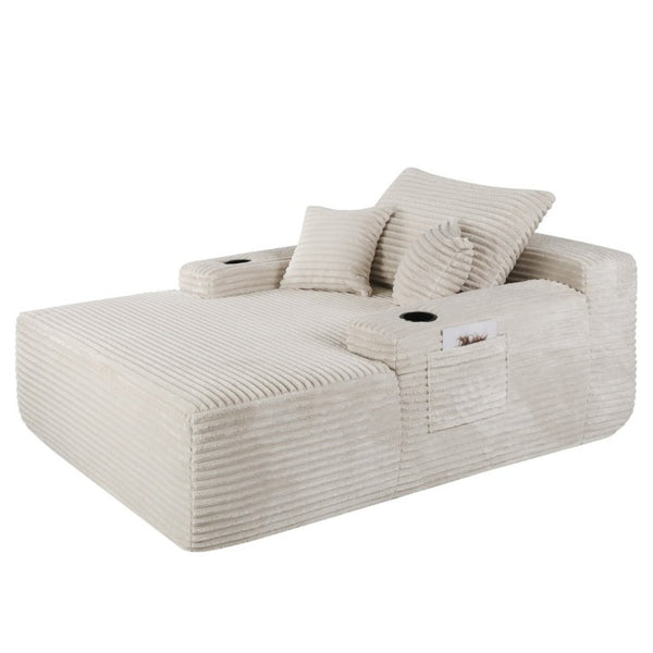 English Elm Convertible Corduroy Chaise Lounge Sleeper Chair with Cup Holder and Plush Armrest White W5885P517229