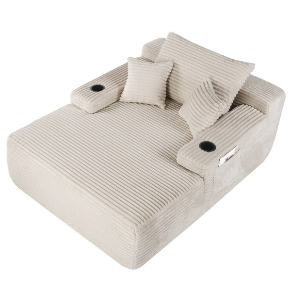 English Elm Convertible Corduroy Chaise Lounge Sleeper Chair with Cup Holder and Plush Armrest White W5885P517229