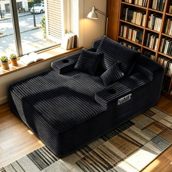 English Elm Convertible Corduroy Chaise Lounge Sleeper Chair with Cup Holder and Plush Armrest Black W5885P517231