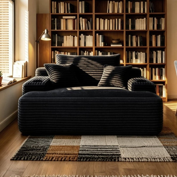 English Elm Convertible Corduroy Chaise Lounge Sleeper Chair with Cup Holder and Plush Armrest Black W5885P517231