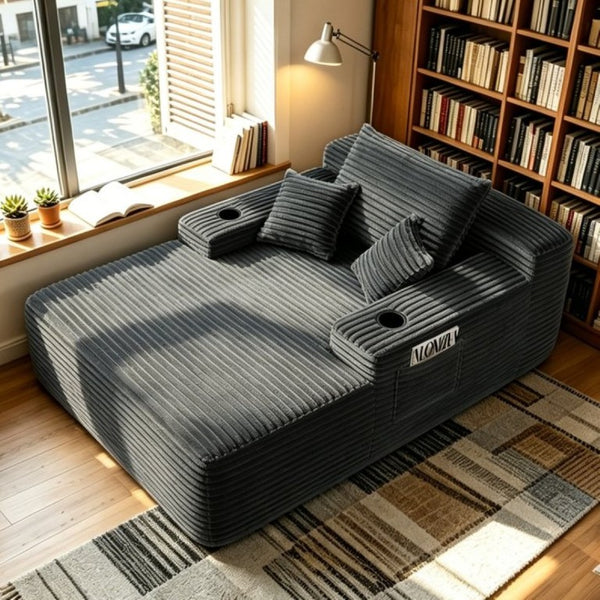 English Elm Convertible Corduroy Chaise Lounge Sleeper Chair with Cup Holder and Plush Armrest Grey W5885P517232