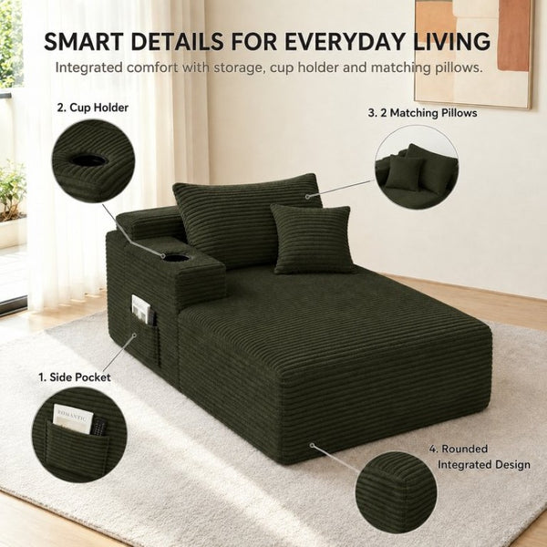 English Elm 37.5-Inch Corduroy Plush Chaise Lounge with Cup Holder for Cozy Living Room Lounging W5885P532121