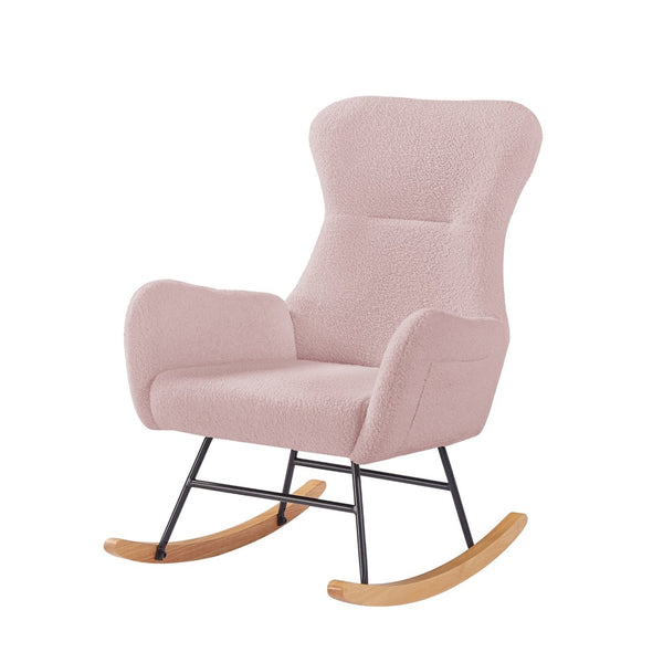English Elm Pink Teddy Upholstered Rocking Chair with High Back for Nursery or Bedroom Nook W58890164