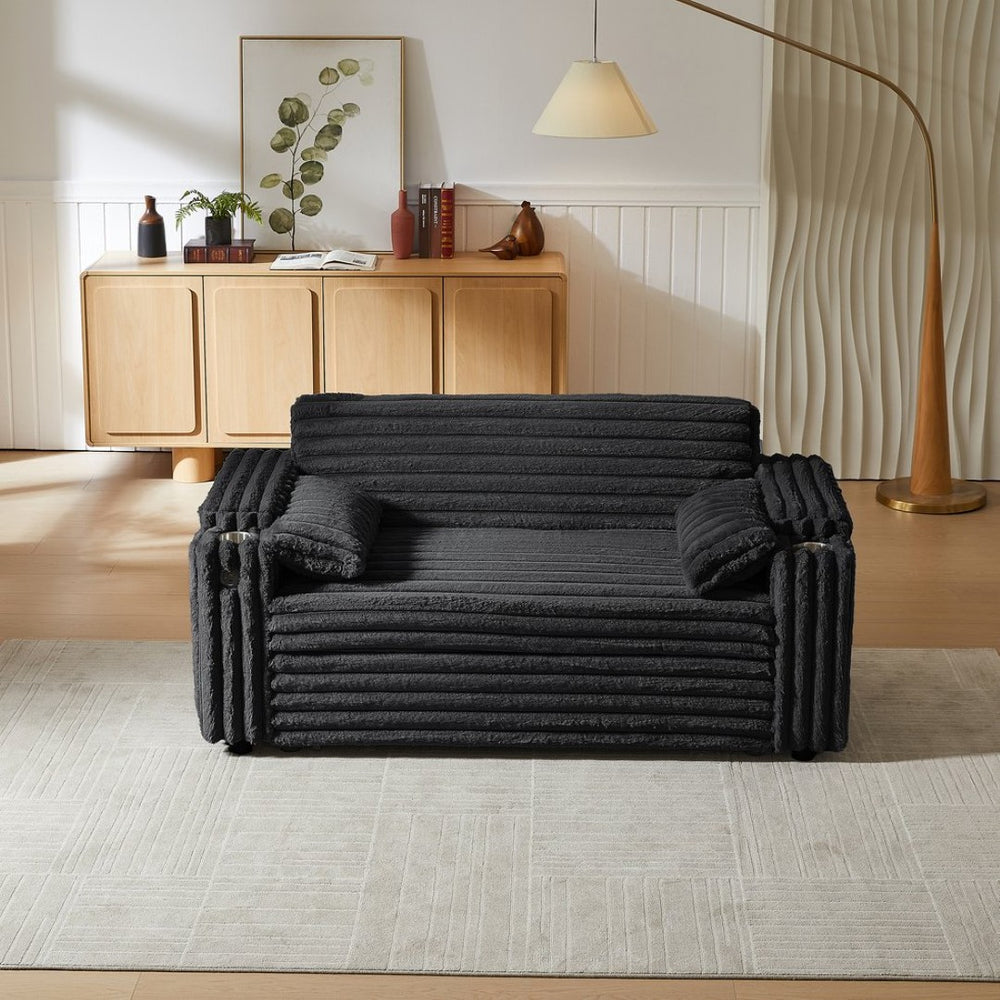 English Elm Black Corduroy Convertible Sofa with USB Port Storage and Guest Sleeping Surface W588P304275
