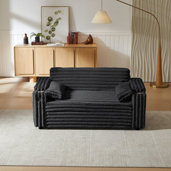 English Elm Black Corduroy Convertible Sofa with USB Port Storage and Guest Sleeping Surface W588P304275