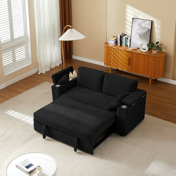 English Elm Black Fabric Convertible Sleeper Sofa with USB Port and Built-In Cup Holders W588P310110