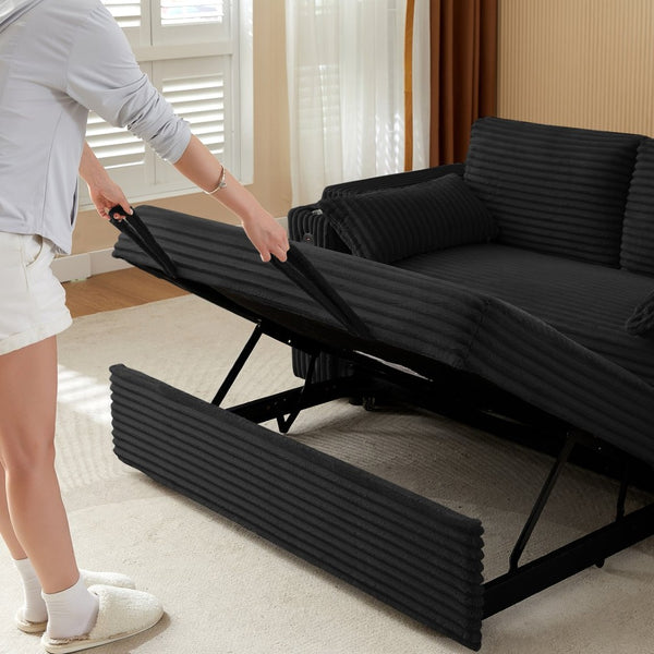 English Elm Black Fabric Convertible Sleeper Sofa with USB Port and Built-In Cup Holders W588P310110