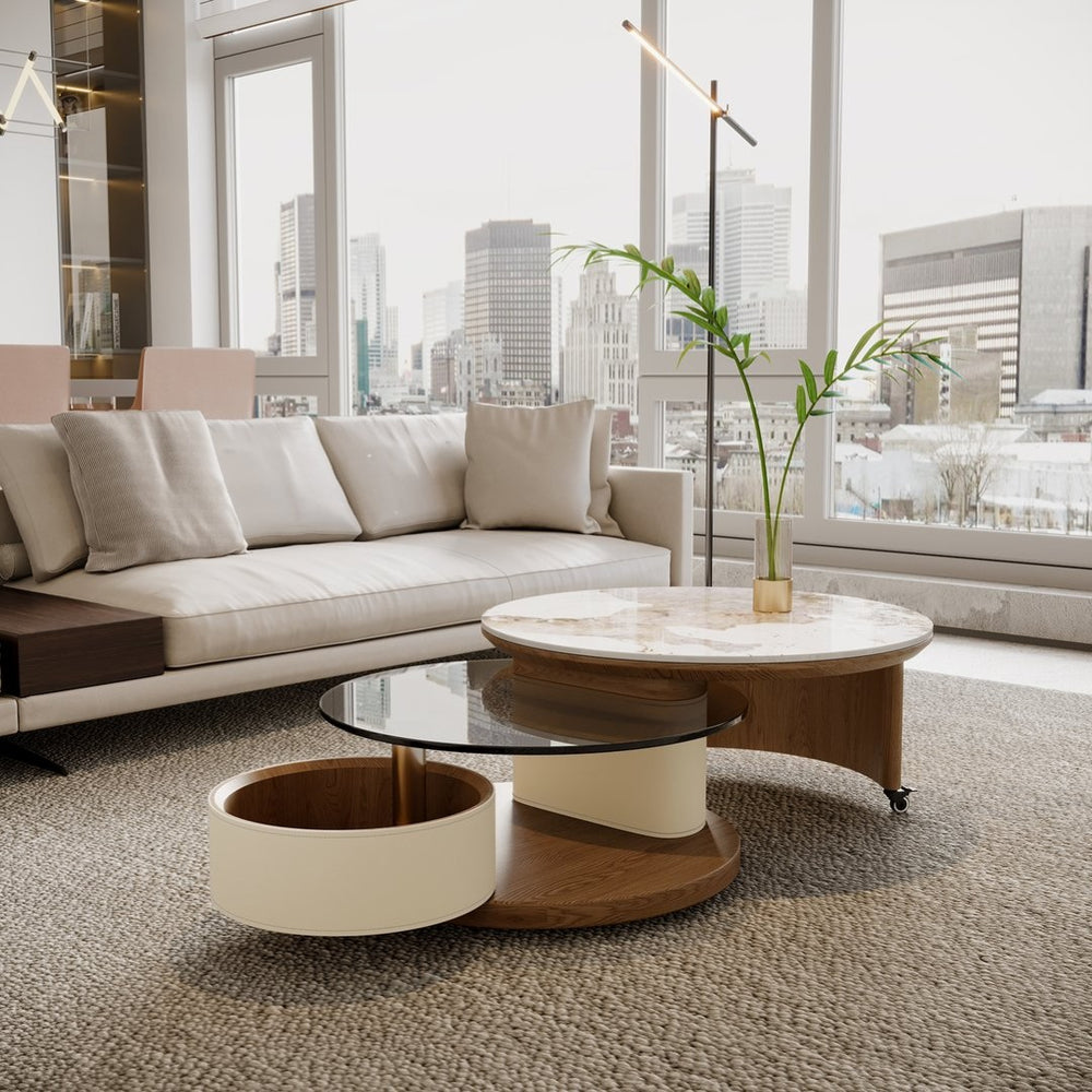 English Elm Round Nesting Coffee Tables Faux Marble Glass Top Wooden Base with Storage and Casters W588P444015