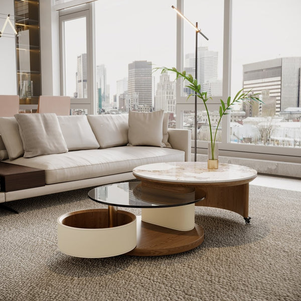 English Elm Round Nesting Coffee Tables Faux Marble Glass Top Wooden Base with Storage and Casters W588P444015
