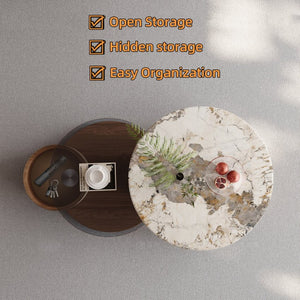 English Elm Round Nesting Coffee Tables Faux Marble Glass Top Wooden Base with Storage and Casters W588P444015