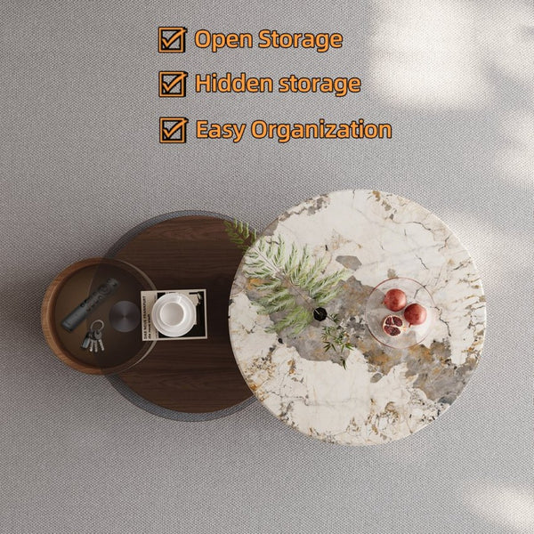 English Elm Round Nesting Coffee Tables Faux Marble Glass Top Wooden Base with Storage and Casters W588P444015