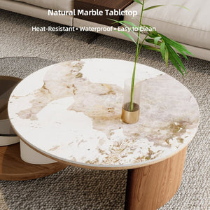 English Elm Round Nesting Coffee Tables Faux Marble Glass Top Wooden Base with Storage and Casters W588P444015