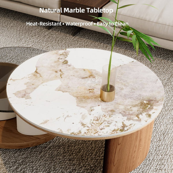 English Elm Round Nesting Coffee Tables Faux Marble Glass Top Wooden Base with Storage and Casters W588P444015