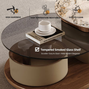 English Elm Round Nesting Coffee Tables Faux Marble Glass Top Wooden Base with Storage and Casters W588P444015
