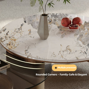 English Elm Round Nesting Coffee Tables Faux Marble Glass Top Wooden Base with Storage and Casters W588P444015