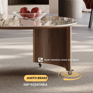 English Elm Round Nesting Coffee Tables Faux Marble Glass Top Wooden Base with Storage and Casters W588P444015