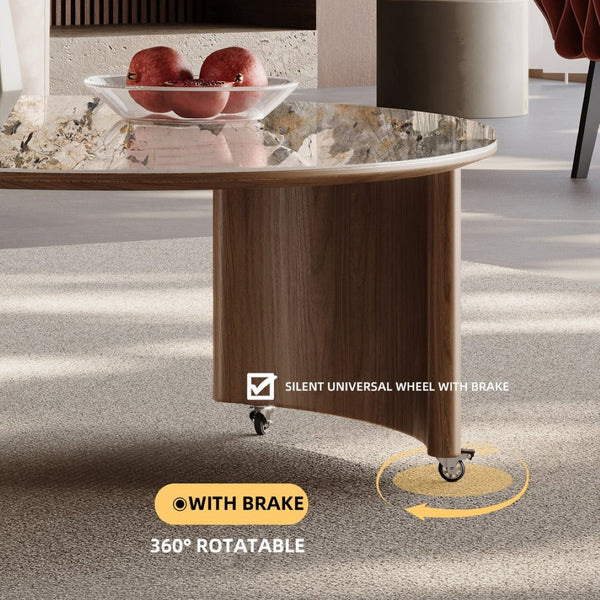 English Elm Round Nesting Coffee Tables Faux Marble Glass Top Wooden Base with Storage and Casters W588P444015