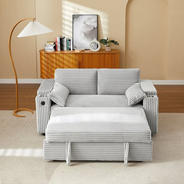 English Elm Light Grey Fabric Sleeper Loveseat with USB Charging Cup Holders and Storage Armrests W588P444890