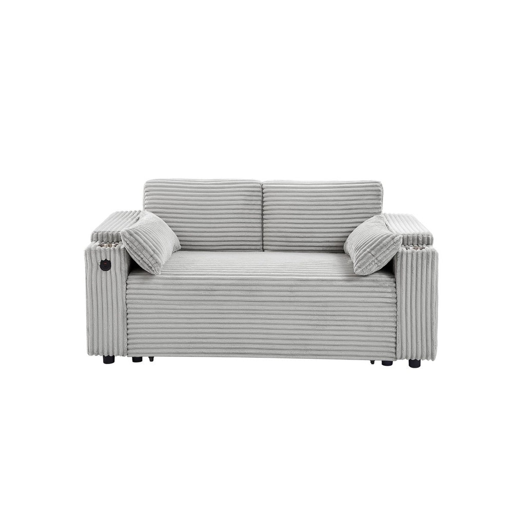 English Elm Light Grey Fabric Sleeper Loveseat with USB Charging Cup Holders and Storage Armrests W588P444890
