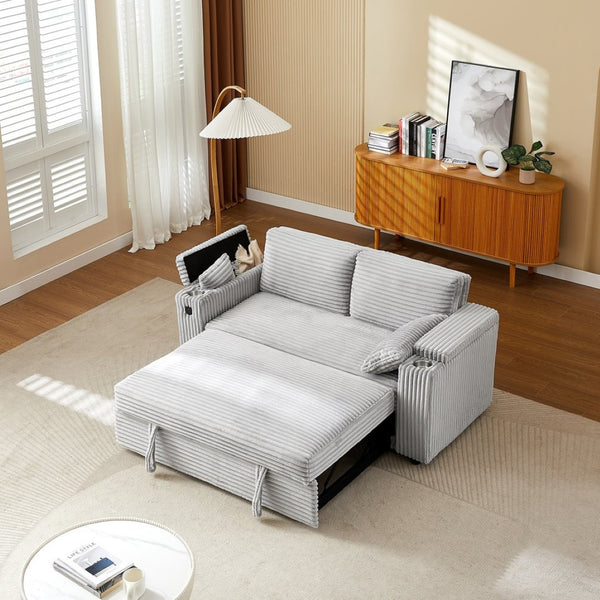English Elm Light Grey Fabric Sleeper Loveseat with USB Charging Cup Holders and Storage Armrests W588P444890