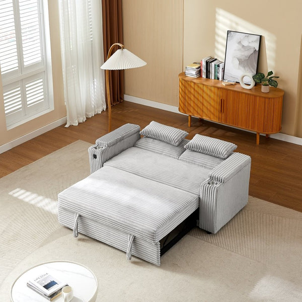 English Elm Light Grey Fabric Sleeper Loveseat with USB Charging Cup Holders and Storage Armrests W588P444890