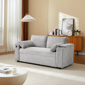English Elm Light Grey Fabric Sleeper Loveseat with USB Charging Cup Holders and Storage Armrests W588P444890