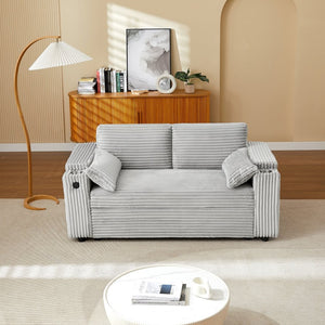 English Elm Light Grey Fabric Sleeper Loveseat with USB Charging Cup Holders and Storage Armrests W588P444890