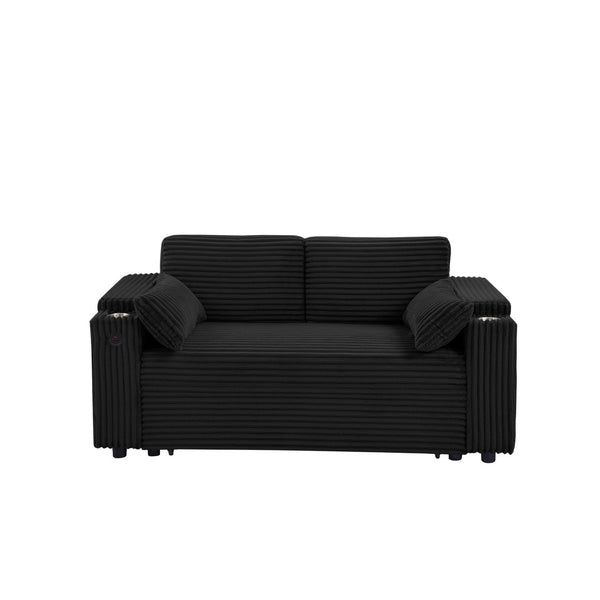 English Elm Black Convertible Loveseat Sleeper Sofa with USB Charging Storage Armrest Cup Holders W588P444891