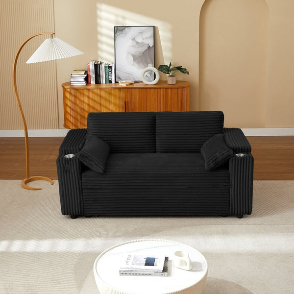 English Elm Black Convertible Loveseat Sleeper Sofa with USB Charging Storage Armrest Cup Holders W588P444891
