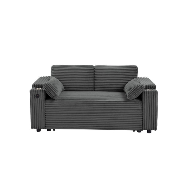 English Elm Dark Grey Convertible Loveseat Sleeper with USB Charging Port and Cup Holder Arms W588P444892