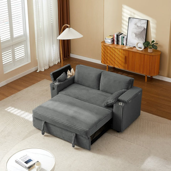 English Elm Dark Grey Convertible Loveseat Sleeper with USB Charging Port and Cup Holder Arms W588P444892