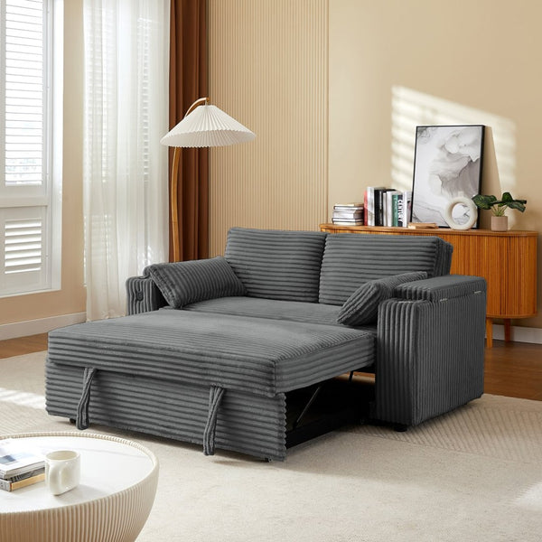 English Elm Dark Grey Convertible Loveseat Sleeper with USB Charging Port and Cup Holder Arms W588P444892