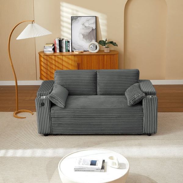 English Elm Dark Grey Convertible Loveseat Sleeper with USB Charging Port and Cup Holder Arms W588P444892