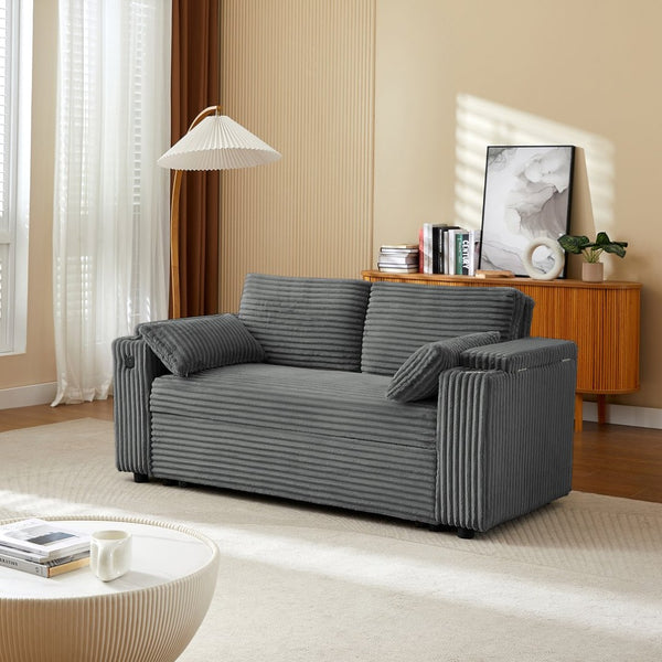 English Elm Dark Grey Convertible Loveseat Sleeper with USB Charging Port and Cup Holder Arms W588P444892