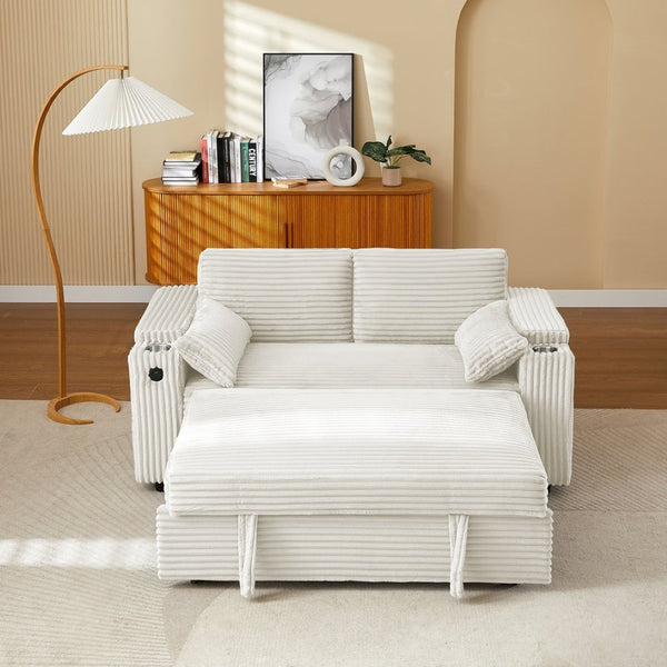 English Elm Beige Convertible Sleeper Loveseat with Storage Armrests and USB Charging Port W588P444893
