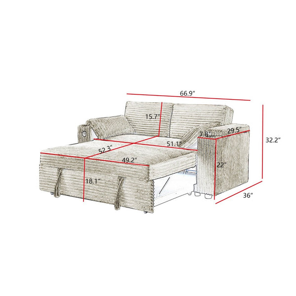 English Elm Beige Convertible Sleeper Loveseat with Storage Armrests and USB Charging Port W588P444893