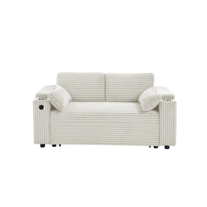English Elm Beige Convertible Sleeper Loveseat with Storage Armrests and USB Charging Port W588P444893
