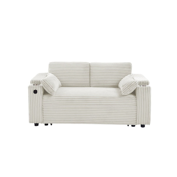 English Elm Beige Convertible Sleeper Loveseat with Storage Armrests and USB Charging Port W588P444893