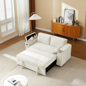English Elm Beige Convertible Sleeper Loveseat with Storage Armrests and USB Charging Port W588P444893