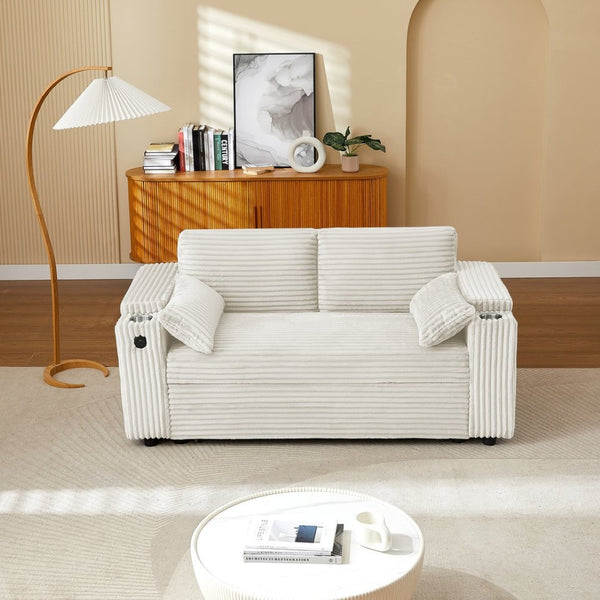 English Elm Beige Convertible Sleeper Loveseat with Storage Armrests and USB Charging Port W588P444893