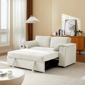 English Elm Beige Convertible Sleeper Loveseat with Storage Armrests and USB Charging Port W588P444893